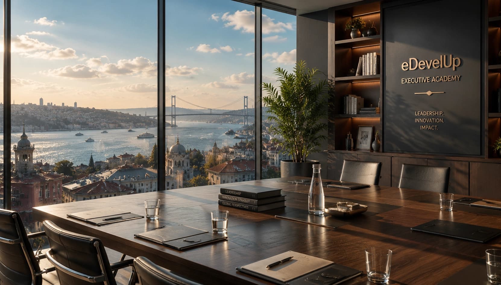 Executive boardroom overlooking Istanbul at sunset